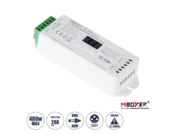 GLOBOSTAR® MiBOXER-D1-CX 71424 DC DMX Master Dimmer / Controller / Decoder Υψηλής Ταχύτητας με 1 x 20A 480W Κανάλι DC 12-24V 20A 480W Max IP20 - DMX512 & RDM - Μ13 x Π5 x Υ2.5cm - 5 Χρόνια Εγγύηση