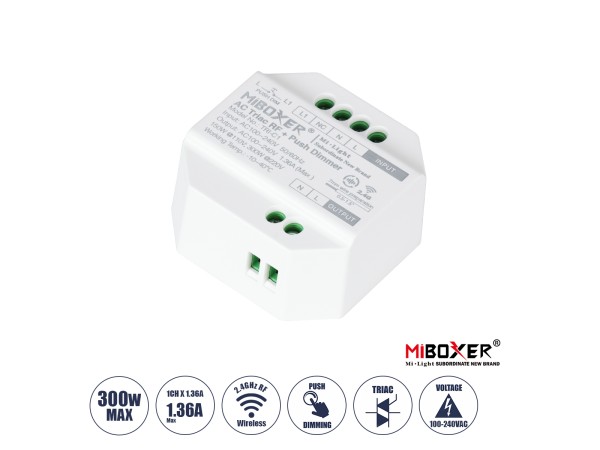 GLOBOSTAR® MiBOXER-TRI-C1 71432 AC Triac RF 2.4Ghz & Push Dimmer με 1 x 1.36A 300W Κανάλι AC 220-240V 1.36A 300W Max IP20 - RF 2.4Ghz & Push Dimming - Μ5 x Π5 x Υ2.3cm - 5 Χρόνια Εγγύηση