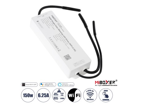 GloboStar® 71438 WP1-P150V24 Mi-BOXER DC Smart Wifi & RF 2.4Ghz & Push Dimming Power Supply Τροφοδοτικό SELV & Controller / Dimmer All in One AC100-240V σε DC 24V 1 x 6.25A 150W - Max 6.25A 150W - Αδιάβροχο IP67 Μ22.5 x Π7 x Υ3.5cm - 3 Years Warranty