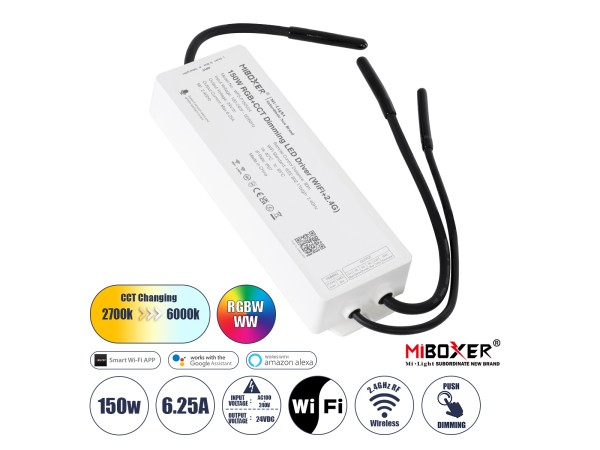 GloboStar® 71440 WP5-P150V24 Mi-BOXER DC Smart Wifi & RF 2.4Ghz & Push Dimming Power Supply Τροφοδοτικό SELV & Controller / Dimmer All in One 5 Καναλιών AC100-240V σε DC 24V 5 x 1.25A 30W - Max 6.25A 150W - Αδιάβροχο IP67 RGBW+WW Μ22.5 x Π7.3 x Υ3.5cm - 5