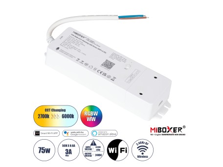 GloboStar® 71441 WL5-P75V24 Mi-BOXER DC Smart Wifi & RF 2.4Ghz Power Supply Τροφοδοτικό SELV & Controller / Dimmer All in One 5 Καναλιών AC100-240V σε DC 24V 5 x 0.6A 14.4W - Max 3A 75W - IP20 RGBW+WW Μ19 x Π5.5 x Υ3.2cm - 5 Years Warranty