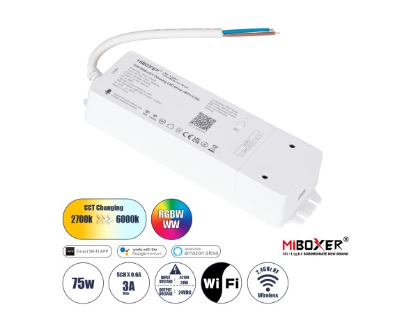 GloboStar® 71441 WL5-P75V24 Mi-BOXER DC Smart Wifi & RF 2.4Ghz Power Supply Τροφοδοτικό SELV & Controller / Dimmer All in One 5 Καναλιών AC100-240V σε DC 24V 5 x 0.6A 14.4W - Max 3A 75W - IP20 RGBW+WW Μ19 x Π5.5 x Υ3.2cm - 5 Years Warranty