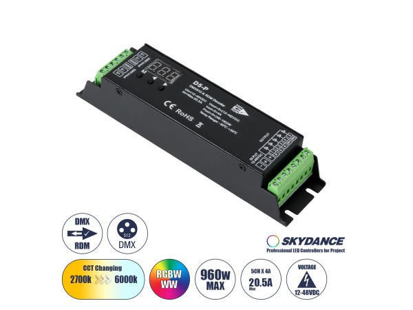 GloboStar® 71445 D5-P SKYDANCE DC DMX & RDM Dimmer High Speed Controller / Decoder 5 Καναλιών DC 12-48V 5 x 4A 192W - Max 20.5A 960W - IP20 Μ17.5 x Π4.5 x Υ3.5cm - 5 Years Warranty