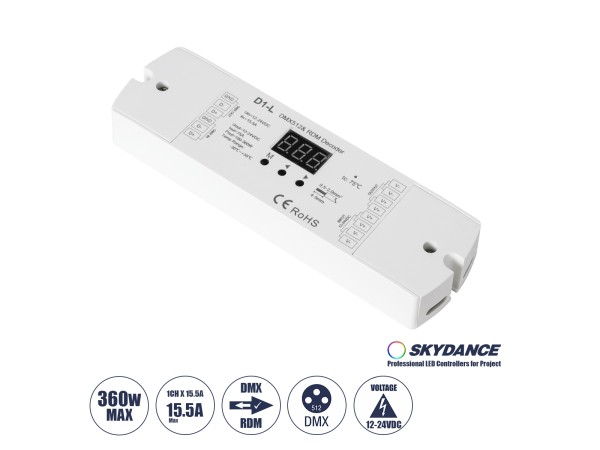 GLOBOSTAR® SKYDANCE-D1-L 71446 DC DMX Master Dimmer / Controller / Decoder Υψηλής Ταχύτητας με 1 x 15.5A 360W Κανάλια 12-24V 15.5A 360W Max IP20 - DMX512 & RDM - Μ17 x Π5 x Υ2.5cm - 5 Χρόνια Εγγύηση