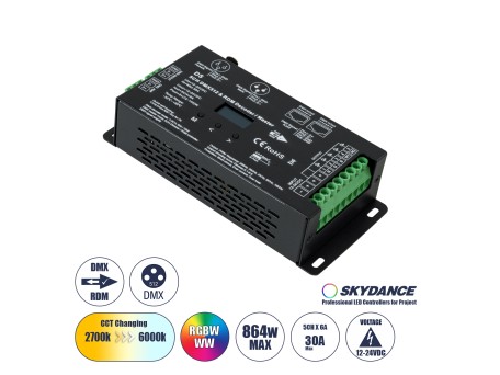 GloboStar® 71448 D5 SKYDANCE DC DMX & RDM Dimmer High Speed Controller / Decoder 5 Καναλιών DC 12-24V 5 x 6A 144W - Max 30A 864W - IP20 Μ17 x Π8 x Υ4cm - 5 Years Warranty