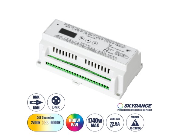 GLOBOSTAR® SKYDANCE-D24 71450 DC DMX Master Dimmer / Controller / Decoder Υψηλής Ταχύτητας με 24 x 3A 72W Κανάλια DC 12-24V 60A 1440W Max IP20 - DMX512 & RDM - Μ16 x Π9 x Υ6cm - 5 Χρόνια Εγγύηση GLOBOSTAR® SKYDANCE-D24 71450 DC DMX Master Dimmer / Controller / Decoder Υψηλής Ταχύτητας με 24 x 3A 72W Κανάλια DC 12-24V 60A 1440W Max IP20 - DMX512 & RDM - Μ16 x Π9 x Υ6cm - 5 Χρόνια Εγγύηση