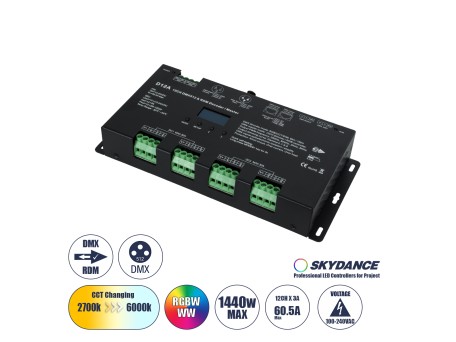 GloboStar® 71451 D12A SKYDANCE DC DMX & RDM Dimmer High Speed Controller / Decoder / Master 12 Καναλιών DC 12-24V 12 x 5A 120W - Max 60.5A 1440W - IP20 Μ25 x Π11.5 x Υ4cm - 5 Years Warranty