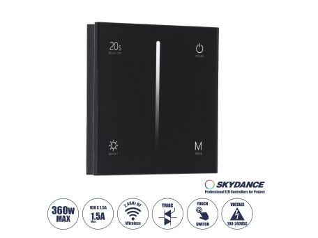 GloboStar® 71453 S1-T SKYDANCE AC Smart RF 2.4Ghz & Αφής - Touch Triac Dimming AC100-240V σε AC100-240V 1 x 1.5A 360W - Max 1.5A 360W - IP20 - Μαύρο Σώμα - Μ8.5 x Π8.5 x Υ3.2cm - 5 Years Warranty