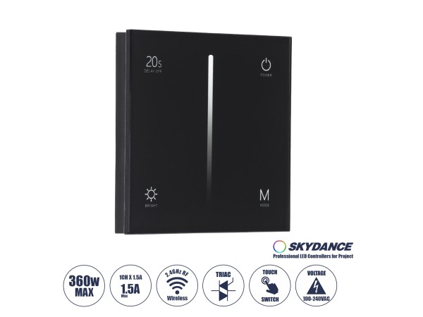 GloboStar® 71453 S1-T SKYDANCE AC Smart RF 2.4Ghz & Αφής - Touch Triac Dimming AC100-240V σε AC100-240V 1 x 1.5A 360W - Max 1.5A 360W - IP20 - Μαύρο Σώμα - Μ8.5 x Π8.5 x Υ3.2cm - 5 Years Warranty