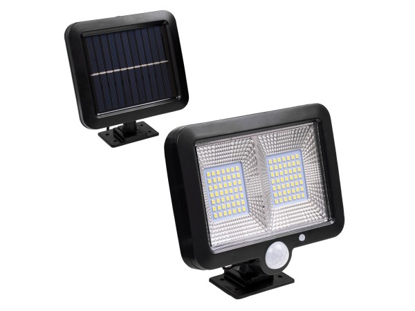 GLOBOSTAR® ZETA 71459 Προβολέας με Ανιχνευτή PIR / Αισθητήρα Κίνησης LED 20W 1000lm 120° DC 5V με Φωτοβολταϊκό Panel 5V 1W & Επαναφορτιζόμενη Μπαταρία Li-ion 3.2V 2400mAh Αδιάβροχο IP65 Ψυχρό Λευκό 6000K - Sanan SMD Chip - Μαύρο - Μ15 x Π3.5 x Υ13cm - 2 Χ