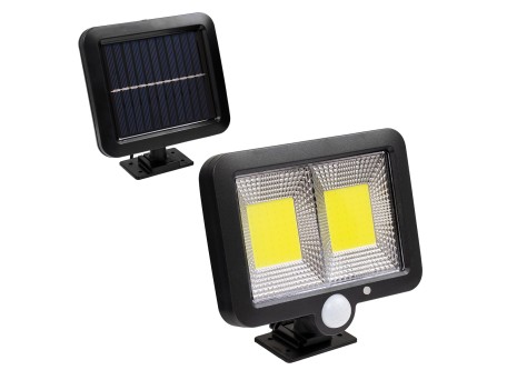 GLOBOSTAR® ZETA 71461 Προβολέας με Ανιχνευτή PIR / Αισθητήρα Κίνησης LED 20W 1000lm 120° DC 5V με Φωτοβολταϊκό Panel 5V 1W & Επαναφορτιζόμενη Μπαταρία Li-ion 3.2V 2400mAh Αδιάβροχο IP65 Ψυχρό Λευκό 6000K - Sanan COB Chip - Μαύρο - Μ15 x Π3.5 x Υ13cm - 2 Χ