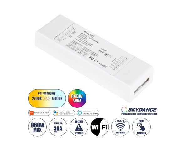 GLOBOSTAR® SKYDANCE-V5-L(WT) 71470 DC WiFi & RF 2.4Ghz & Push Dimmer / Controller με 5 x 6A 288W Κανάλια DC 12-48V 30A 1440W Max IP20 - WiFI & RF 2.4Ghz & Push Dimming - Μ18 x Π5.7 x Υ2.8cm - 5 Χρόνια Εγγύηση GLOBOSTAR® SKYDANCE-V5-L(WT) 71470 DC WiFi & RF 2.4Ghz & Push Dimmer / Controller με 5 x 6A 288W Κανάλια DC 12-48V 30A 1440W Max IP20 - WiFI & RF 2.4Ghz & Push Dimming - Μ18 x Π5.7 x Υ2.8cm - 5 Χρόνια Εγγύηση