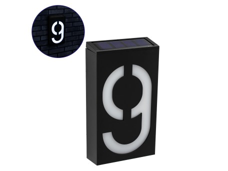 GloboStar® 71519 Αυτόνομο Ηλιακό Φωτιστικό LED SMD 1W 100lm με Ενσωματωμένη Μπαταρία 1000mAh - Φωτοβολταϊκό Πάνελ με Αισθητήρα Ημέρας-Νύχτας για Αρίθμηση Δρόμου με Αριθμό 9 Αδιάβροχο IP55 Ψυχρό Λευκό 6000K