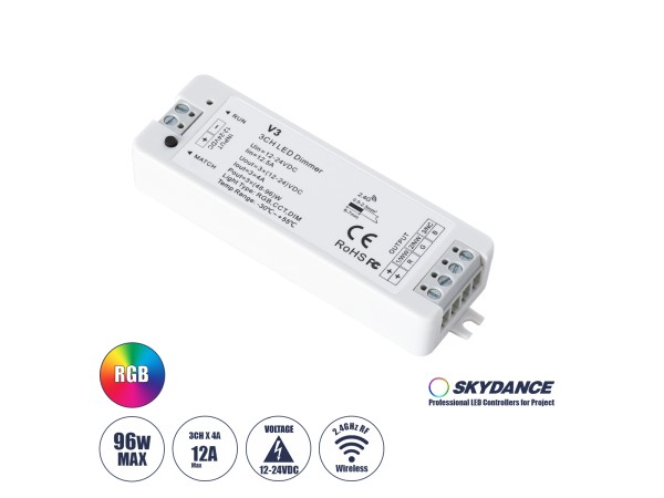 GloboStar® 71546 V3 SKYDANCE DC RF 2.4Ghz Dimmer High Speed Controller 3 Καναλιών DC 12-24V 3 x 5A 96W - Max 12A 288W - IP20 Μ10 x Π3.5 x Υ2cm - 5 Years Warranty GloboStar® 71546 V3 SKYDANCE DC RF 2.4Ghz Dimmer High Speed Controller 3 Καναλιών DC 12-24V 3 x 5A 96W - Max 12A 288W - IP20 Μ10 x Π3.5 x Υ2cm - 5 Years Warranty