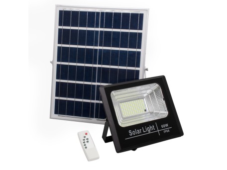 GLOBOSTAR® HERMES 71556 Προβολέας με IR Ασύρματο Χειριστήριο LED 60W 3000lm 120° DC 5V με Φωτοβολταϊκό Panel 5V 12W & Επαναφορτιζόμενη Μπαταρία Li-ion 3.2V 10000mAh Αδιάβροχο IP66 Ψυχρό Λευκό 6000K Dimmable - Sanan SMD Chip - Μαύρο - Μ26.5 x Π22 x Υ6.5cm 