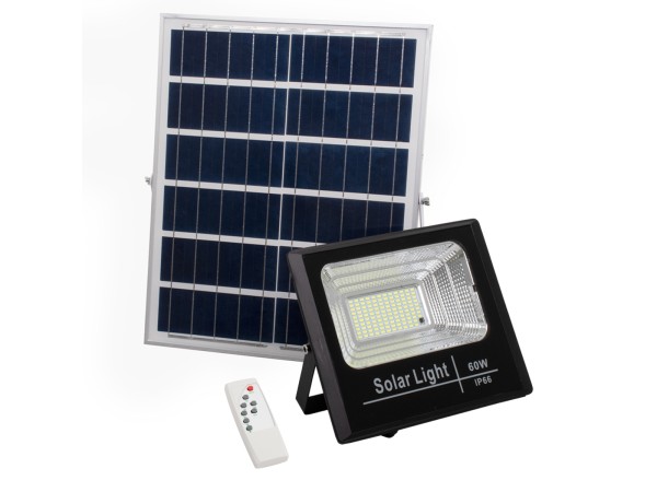 GLOBOSTAR® HERMES 71556 Προβολέας με IR Ασύρματο Χειριστήριο LED 60W 3000lm 120° DC 5V με Φωτοβολταϊκό Panel 5V 12W & Επαναφορτιζόμενη Μπαταρία Li-ion 3.2V 10000mAh Αδιάβροχο IP66 Ψυχρό Λευκό 6000K Dimmable - Sanan SMD Chip - Μαύρο - Μ26.5 x Π22 x Υ6.5cm 