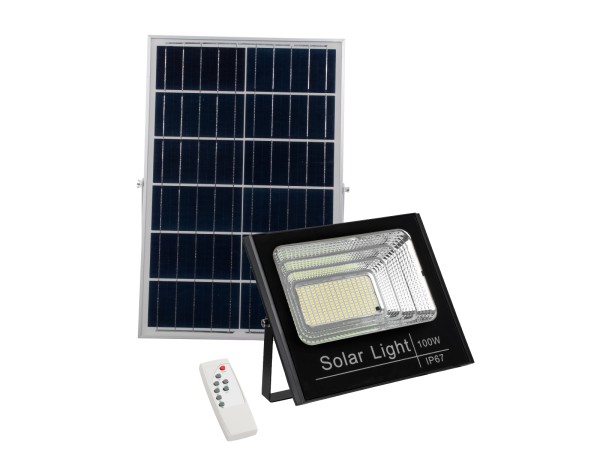 GLOBOSTAR® HERMES 71557 Προβολέας με IR Ασύρματο Χειριστήριο LED 100W 5000lm 120° DC 5V με Φωτοβολταϊκό Panel 5V 20W & Επαναφορτιζόμενη Μπαταρία Li-ion 3.2V 15000mAh Αδιάβροχο IP66 Ψυχρό Λευκό 6000K Dimmable - Sanan SMD Chip - Μαύρο - Μ31.5 x Π26.2 x Υ7.5