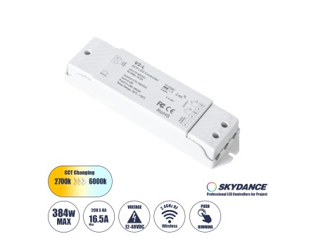GloboStar® 71565 V2-L SKYDANCE DC RF 2.4Ghz Dimmer High Speed Controller & Push Dimming 2 Κανάλια DC 12-48V 2 x 8A 384W - Max 16.5A 384W - IP20 Μ17.5 x Π4.5 x Υ2.5cm - 5 Years Warranty
