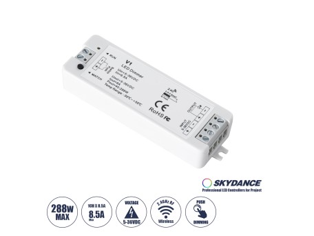 GLOBOSTAR® SKYDANCE-V1 71567 DC RF 2.4Ghz & Push Dimmer / Controller με 1 x 8A 288W Κανάλι DC 5-36V 8A 288W Max IP20 - RF 2.4Ghz & Push Dimming - Μ10 x Π3.5 x Υ2cm - 5 Χρόνια Εγγύηση