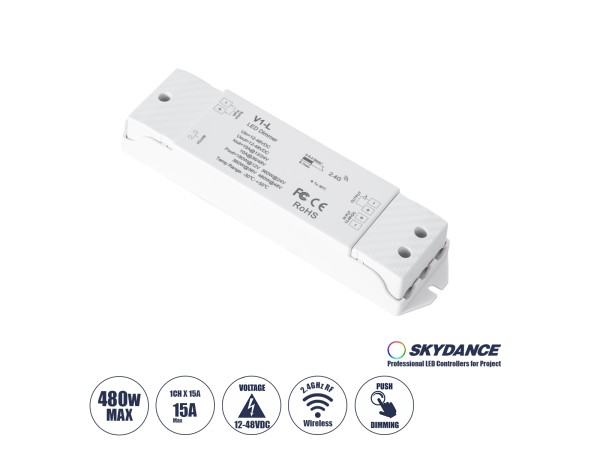 GLOBOSTAR® SKYDANCE-V1-L 71568 DC RF 2.4Ghz & Push Dimmer / Controller με 1 x 15A 480W Κανάλι DC 12-48V 15A 480W Max IP20 - RF 2.4Ghz & Push Dimming - Μ17.5 x Π4.5 x Υ2.5cm - 5 Χρόνια Εγγύηση