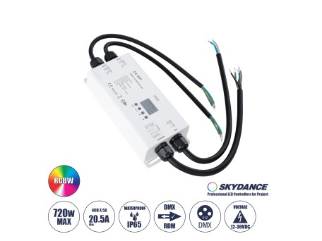 GloboStar® 71571-IP65 D4-WP SKYDANCE DC DMX & RDM Dimmer High Speed Controller / Decoder 4 Καναλιών DC 12-36V 4 x 5A 180W - Max 20.5A 720W - Αδιάβροχος IP65 Μ17 x Π8 x Υ4cm - 5 Years Warranty