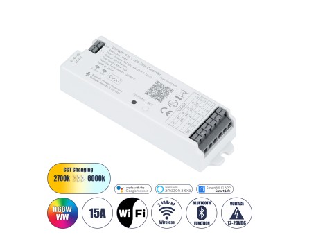 GLOBOSTAR® TUYA-WB5 73008 DC WiFi & Bluetooth Master Dimmer / Controller Υψηλής Ταχύτητας με 5 x 6A 72W Κανάλια DC 12-24V 15A 360W Max IP20 - WiFi & Bluetooth - Μ12.2 x Π3.8 x Υ2.2cm - 5 Χρόνια Εγγύηση