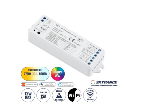GloboStar® 73010 WT5 SKYDANCE DC WiFi & RF 2.4Ghz Dimmer High Speed Controller 5 Καναλιών DC 12-24V 5 x 3A 72W - Max 15A 360W - IP20 Μ10 x Π4 x Υ2cm - 5 Years Warranty