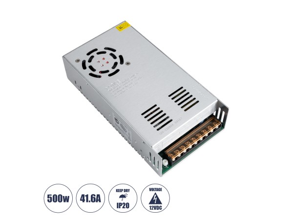 GloboStar® 73038 Μεταλλικό Τροφοδοτικό PELV για Προϊόντα LED 500W 41.6A - AC 220-240V σε DC 12V - IP20 Μ21 x Π11 x Υ5cm - 2 Χρόνια Εγγύηση