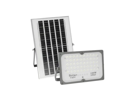 GLOBOSTAR® LUMOVOX 73067 Προβολέας με IR Ασύρματο Χειριστήριο LED 100W 5000lm 120° DC 5V με Φωτοβολταϊκό Panel 5V 8W & Επαναφορτιζόμενη Μπαταρία Li-ion 3.2V 5000mAh Αδιάβροχο IP67 Ψυχρό Λευκό 6000K - 120 x SMD2835 Sanan Chip - Γκρι Ανθρακί - Μ25 x Π5.5 x 