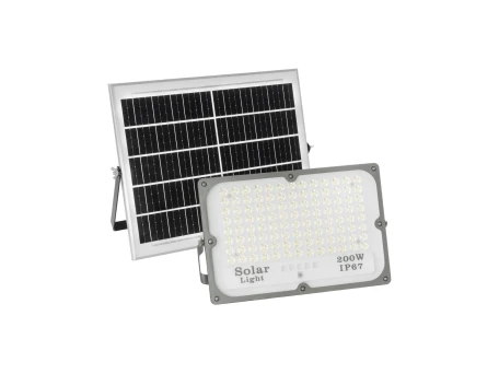 GLOBOSTAR® LUMOVOX 73068 Προβολέας με IR Ασύρματο Χειριστήριο LED 200W 10000lm 120° DC 5V με Φωτοβολταϊκό Panel 5V 12W & Επαναφορτιζόμενη Μπαταρία Li-ion 3.2V 10000mAh Αδιάβροχο IP67 Ψυχρό Λευκό 6000K - 180 x SMD2835 Sanan Chip - Γκρι Ανθρακί - Μ29.5 x Π5
