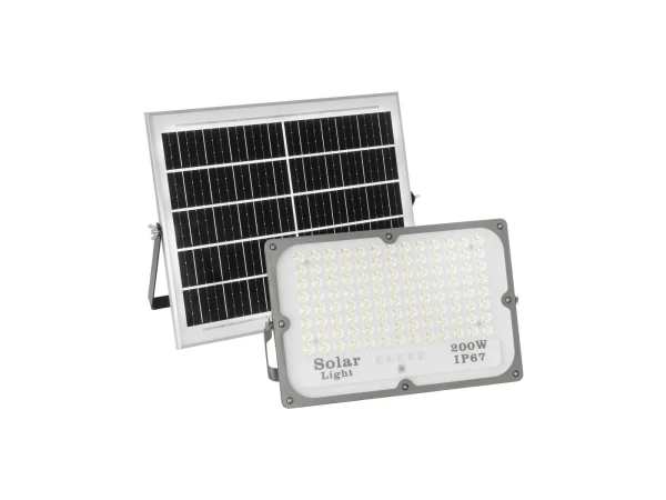 GLOBOSTAR® LUMOVOX 73068 Προβολέας LED 200W 10000lm 120° DC 5V με Φωτοβολταϊκό Panel 5V 12W & Επαναφορτιζόμενη Μπαταρία Li-ion 3.2V 10000mAh Αδιάβροχο IP67 Ψυχρό Λευκό 6000K - 180 x SMD2835 Sanan Chip - Γκρι Ανθρακί - Μ29.5 x Π5.5 x Υ19cm - 2 Χρόνια Εγγύη