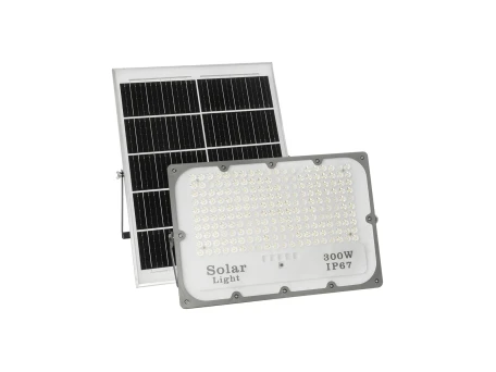 GLOBOSTAR® LUMOVOX 73069 Προβολέας με IR Ασύρματο Χειριστήριο LED 300W 15000lm 120° DC 5V με Φωτοβολταϊκό Panel 5V 20W & Επαναφορτιζόμενη Μπαταρία Li-ion 3.2V 15000mAh Αδιάβροχο IP67 Ψυχρό Λευκό 6000K - 360 x SMD2835 Sanan Chip - Γκρι Ανθρακί - Μ37 x Π7.5