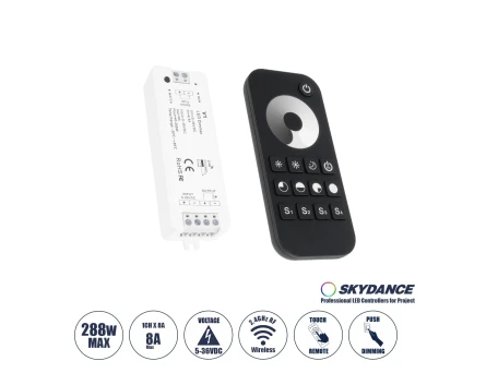 GloboStar® 73118 RT1+V1 SKYDANCE ΣΕΤ Dimmer & Ασύρματο Χειριστήριο Αφής 1 Group RF 2.4Ghz 8A Max DC 5-36V (288W) - DC 3V IP20 - 5 Χρόνια Εγγύηση