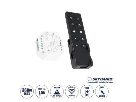 GloboStar® 73125 S1-B+R1 SKYDANCE ΣΕΤ Dimmer & Ασύρματο Χειριστήριο Αφής 1 Group RF 2.4Ghz 1.5A Max AC100-240V (360W) - DC 3V IP20 - 5 Χρόνια Εγγύηση