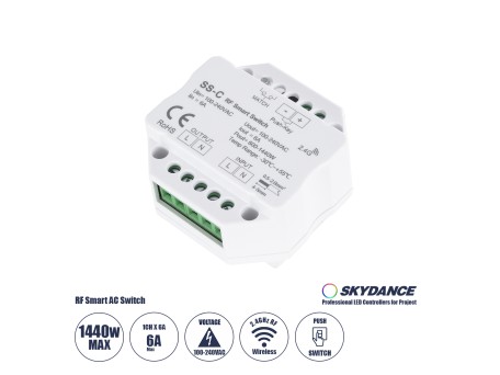 GloboStar® 73126 SS-C SKYDANCE AC RF 2.4Ghz & Push Switch 1 Κανάλι AC 100-240V 1 x 6A 1440W - Max 6A 1440W - IP20  Μ5.2 x Π5.2 x Υ2.6cm - 5 Χρόνια Εγγύηση