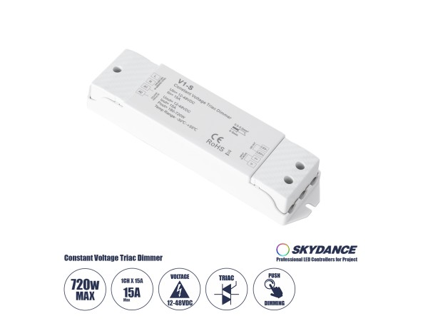 GLOBOSTAR® SKYDANCE-V1-S 73127DC Triac & Push Dimmer CV Τροφοδοτικό/Μετασχηματιστής SELV με 1 x 15A 720W Κανάλι AC 220-240V σε DC 12-48V 15A 720W Max IP20 - Triac & Push Dimming - Μ17.5 x Π4.5 x Υ2.5cm - 5 Χρόνια Εγγύηση