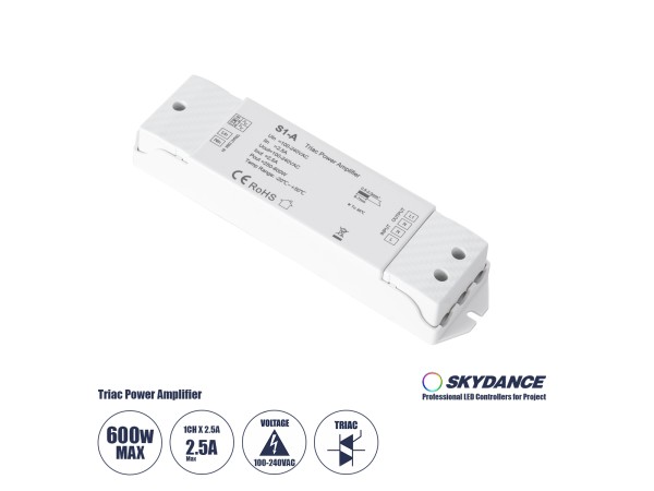 GloboStar® 73128 S1-A SKYDANCE AC Triac Amplifier 1 Κανάλι AC 100-240V 1 x 2.5A 600W - Max 2.5A 600W - IP20  Μ17.5 x Π4.5 x Υ2.5cm - 5 Χρόνια Εγγύηση