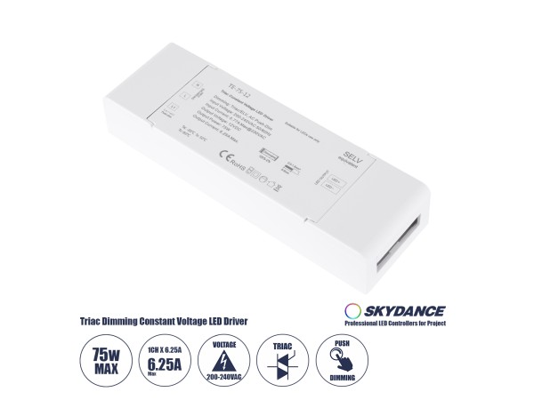 GloboStar® 73129 TE-75-12 SKYDANCE AC Triac Dimmer Push Dimming 1 Κανάλι AC 200-240V 1 x 6.25A 75W - Max 6.25A 75W - IP20 Μ18 x Π5.7 x Υ3cm - 5 Χρόνια Εγγύηση