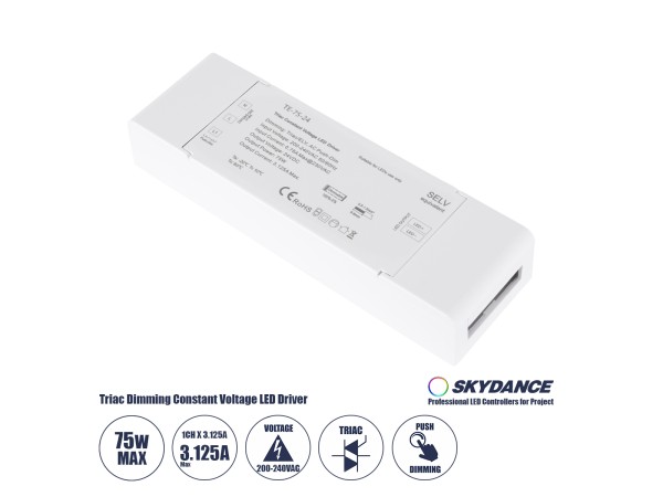 GLOBOSTAR® SKYDANCE-TE-75-24 73130 DC Triac & Push Dimmer CV Τροφοδοτικό/Μετασχηματιστής SELV με 1 x 3.125A 75W Κανάλι AC 220-240V σε DC 24V 3.125A 75W Max IP20 - Triac & Push Dimming - Μ18 x Π5.7 x Υ3cm - 5 Χρόνια Εγγύηση