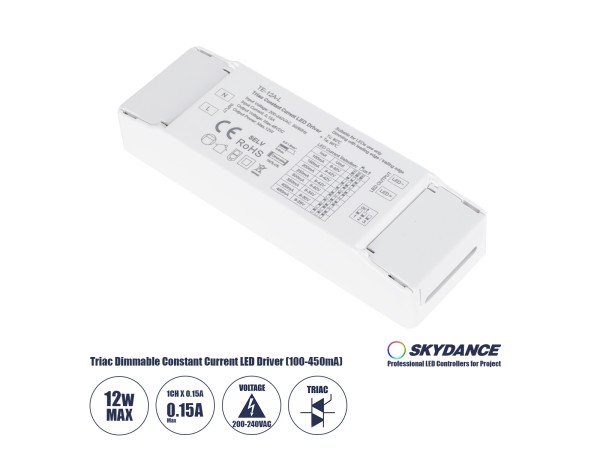 GloboStar® 73132 TE-12A-L SKYDANCE AC Triac Dimmable Constant Current LED Driver 1 Κανάλι AC 200-240V 1 x 0.15A 12W - Max 0.15A 12W - IP20  Μ11.1 x Π3.7 x Υ2cm - 5 Χρόνια Εγγύηση