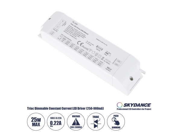 GLOBOSTAR® SKYDANCE-TE-25A 73134 DC Triac & Push Dimmer CC Τροφοδοτικό/Μετασχηματιστής SELV με 1 x 250-900mA 25W Κανάλι AC 220-240V σε DC 10-52V 900mA 25W Max IP20 - Triac & Push Dimming - Μ17.5 x Π4.4 x Υ3cm - 5 Χρόνια Εγγύηση
