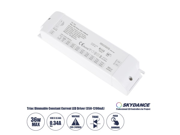 GLOBOSTAR® SKYDANCE-TE-36A 73135 DC Triac & Push Dimmer CC Τροφοδοτικό/Μετασχηματιστής SELV με 1 x 320-1200mA 36W Κανάλι AC 220-240V σε DC 10-52V 1200mA 36W Max IP20 - Triac & Push Dimming - Μ17.5 x Π4.4 x Υ3cm - 5 Χρόνια Εγγύηση