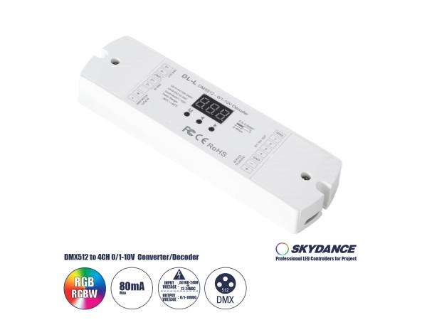 GloboStar® 73140 DL-L SKYDANCE AC DMX512 to 0/1-10V Converter / Decoder 4 Καναλιών - 2 Inputs DC 12-24V ή AC 100-240V - IP20  Μ17 x Π5 x Υ2.5cm - 5 Χρόνια Εγγύηση