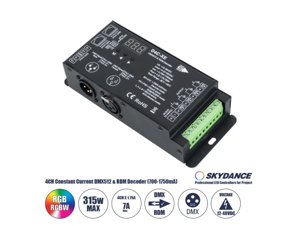 GLOBOSTAR® SKYDANCE-D4C-XE 73147 DC CC DMX Master Dimmer / Controller / Decoder Υψηλής Ταχύτητας με 4 x 700-1750mA 2.1-78.75W Κανάλια DC 12-48V σε DC 3-45V 7000mA 315W Max IP20 - DMX512 & RDM - Μ16.5 x Π7 x Υ3.7cm - 5 Χρόνια Εγγύηση