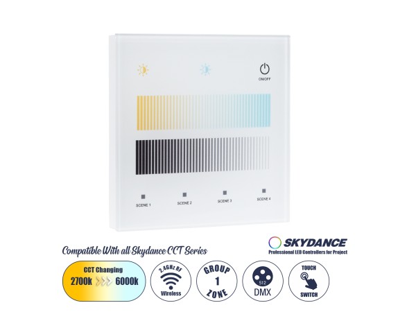 GloboStar® 73151 T12-S SKYDANCE Ασύρματο DMX512 Επιτοίχιο Χειριστήριο RF 2.4Ghz 1 Group για όλα τα SKYDANCE DMX512 Controller AC 100-240V Max 0.1A - IP20 Μ8.5 x Μ8.5 x Π8.5 x Υ3.5cm - 5 Χρόνια Εγγύηση