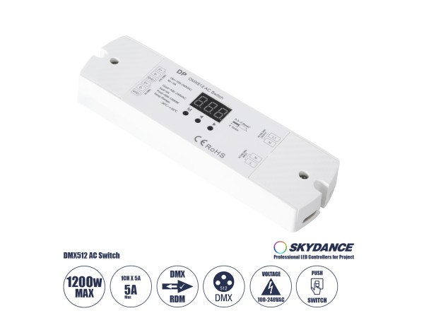 GloboStar® 73156 DP SKYDANCE AC DMX512 Push Switch 1 Κανάλι AC 100-240V 1 x 5A 1200W - Max 5A 1200W - IP20  Μ17 x Π5 x Υ2.5cm - 5 Χρόνια Εγγύηση