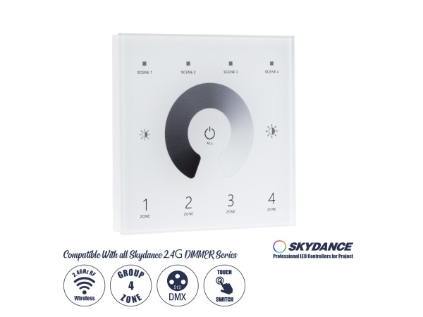 GloboStar® 73159 T11 SKYDANCE Ασύρματο DMX512 Επιτοίχιο Χειριστήριο RF 2.4Ghz 4 Group για όλα τα SKYDANCE DMX512 Controller AC 100-240V Max 0.1A - IP20 Μ8.5 x Μ8.5 x Π8.5 x Υ3.5cm - 5 Χρόνια Εγγύηση