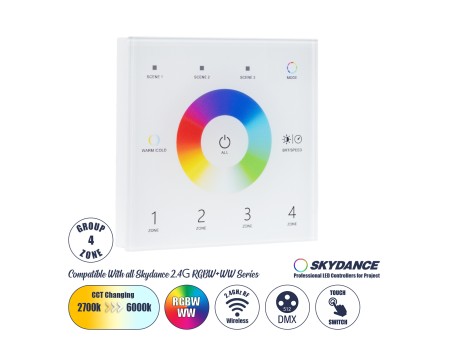 GloboStar® 73162 T15 SKYDANCE Ασύρματο DMX512 Επιτοίχιο Χειριστήριο RF 2.4Ghz 4 Group για όλα τα SKYDANCE DMX512 Controller AC 100-240V Max 0.1A - IP20 Μ8.5 x Μ8.5 x Π8.5 x Υ3.5cm - 5 Χρόνια Εγγύηση