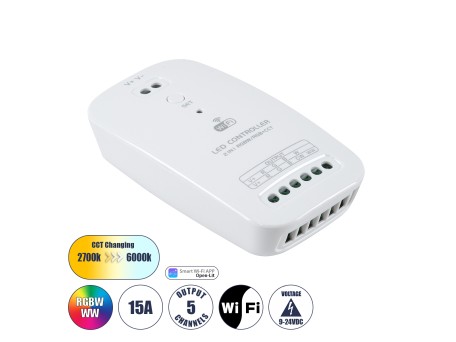 GloboStar® 73355 Ασύρματος WiFi LED RGBW+WW+CCT Controller IOS/Android 2in1 DC 9-24V Max 180W