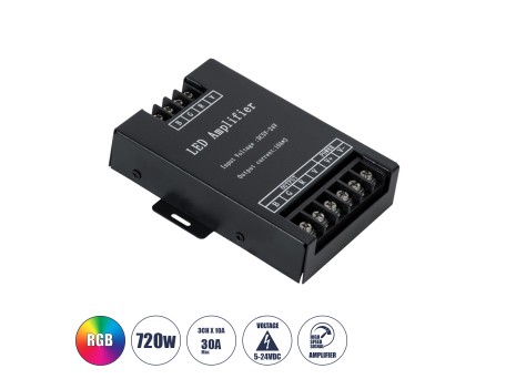 GLOBOSTAR® RGBAMPLIFIER 73393 DC Ενισχυτής Ισχύος & Σήματος Υψηλής Ταχύτητας με 3 x 10A 240W Κανάλια DC 5-24V 30A 720W Max IP20 - Μ11 x Π9 x Υ2.5cm - 2 Χρόνια Εγγύηση